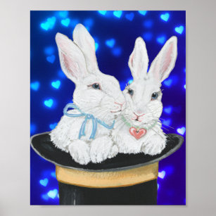 Whimsical Blue Snuggle Bunny Rabbits, Magic Hat Poster