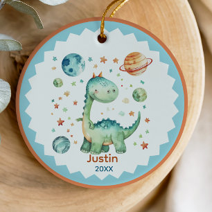 Whimsical Blue Space Dinosaur Kids Keepsake Ceramic Tree Decoration