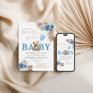 Whimsical Blue Teddy Bear Boho Baby Shower Invitation
