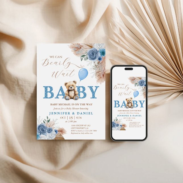 Whimsical Blue Teddy Bear Boho Baby Shower Invitation (Creator Uploaded)