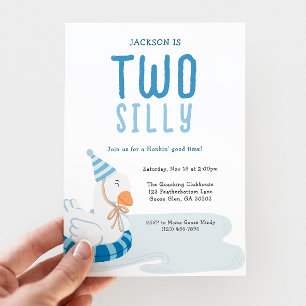 Whimsical Blue Two Silly Goose 2nd Birthday Invitation