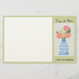 Whimsical blue vase with pink flowers illustration stationery