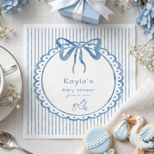 Whimsical Blue Watercolor Bow Stripe Baby Shower Napkin
