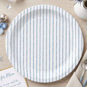Whimsical Blue Watercolor Bow Stripe Baby Shower Paper Plate