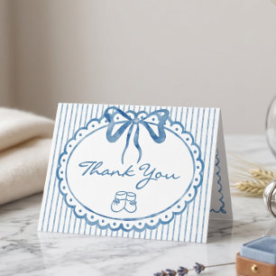 Whimsical Blue Watercolor Bow Stripe Baby Shower Thank You Card
