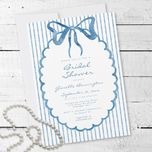 Whimsical Blue Watercolor Bow Stripe Bridal Shower Invitation