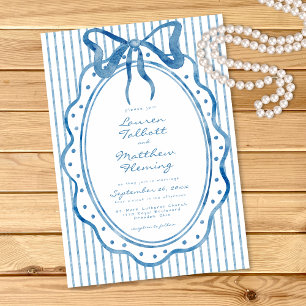 Whimsical Blue Watercolor Bow Stripe Wedding Invitation