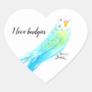 Whimsical Blue Watercolor Budgie Parakeet Heart Sticker