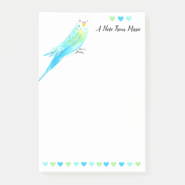 Whimsical Blue Watercolor Budgie Parakeet Post-it Notes (Front)