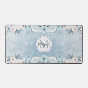 Whimsical Blue Watercolor Floral Monogram Name Desk Mat