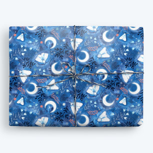 Whimsical Blue Watercolor Moths and Moon Wrapping Paper