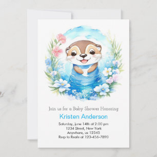 Whimsical Blue Watercolor Otter Boy Baby Shower Invitation