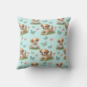 Whimsical Blue Watercolor Puppies and Butterflies Cushion