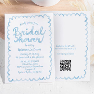 Whimsical Blue Watercolor QR Code Bridal Shower Invitation