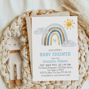 Whimsical Blue Watercolor Rainbow Baby Shower Invitation