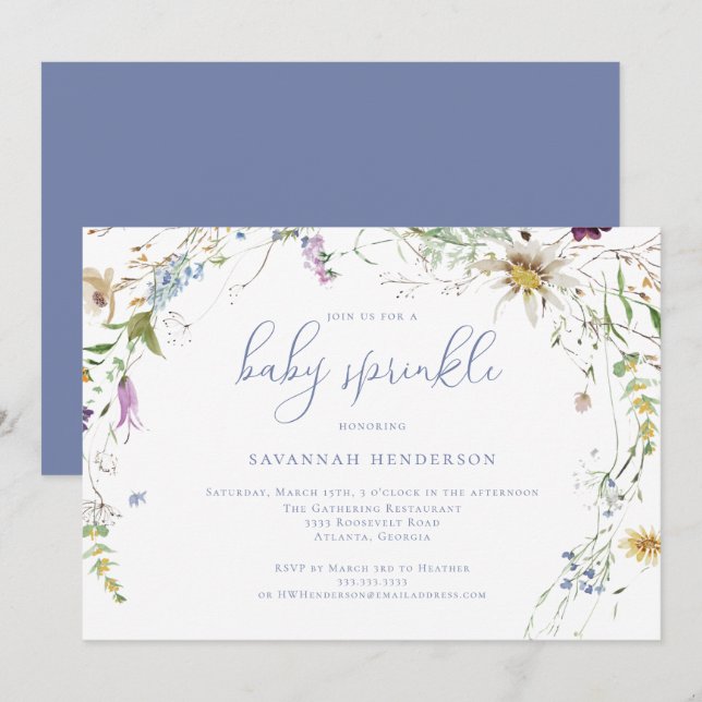 Whimsical Blue Watercolor Wildflower Baby Sprinkle Invitation (Front/Back)