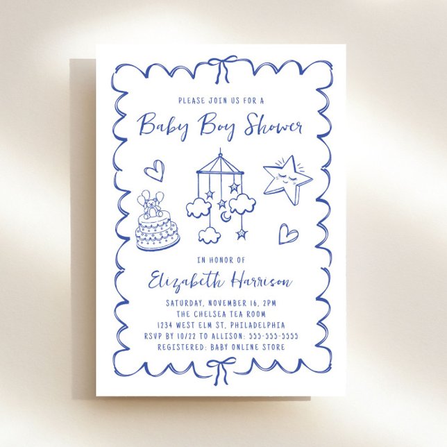 Whimsical Blue Wavy Frame Baby Boy Shower Invitation (Creator Uploaded)