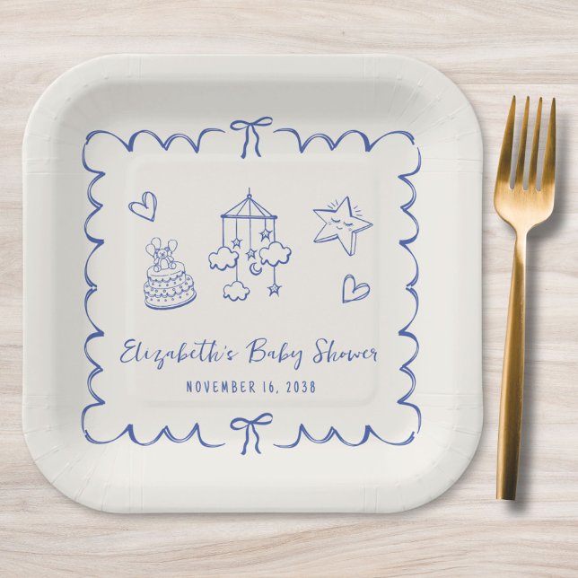 Whimsical Blue Wavy Frame Baby Boy Shower Paper Plate (Creator Uploaded)