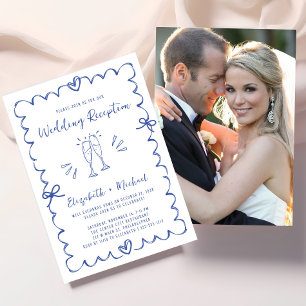 Whimsical Blue Wavy Frame Photo Wedding Reception Invitation