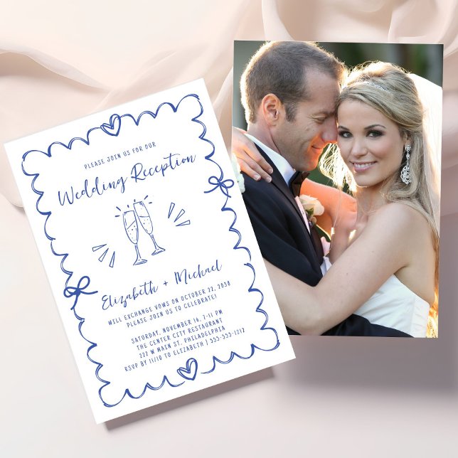 Whimsical Blue Wavy Frame Photo Wedding Reception Invitation (Whimsical Blue Wavy Frame Photo Wedding Reception Invitation)