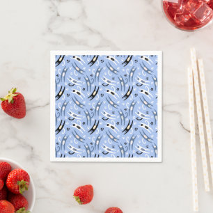 Whimsical Blue White Black Cartoon Cat Pattern Napkin