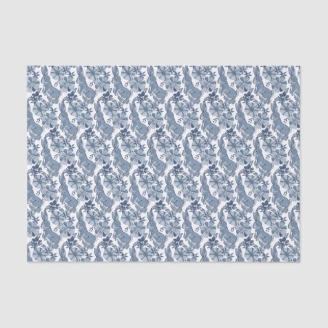 Whimsical Blue White Bunny Rabbit Floral Easter Tissue Paper (Front)