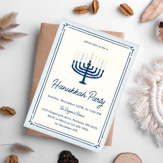 Whimsical Blue & White Hand Drawn Hanukkah Party   Invitation (Creator Uploaded)