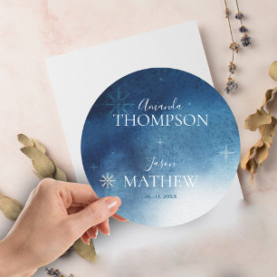Whimsical Blue White Snowflake Wedding  Classic Round Sticker