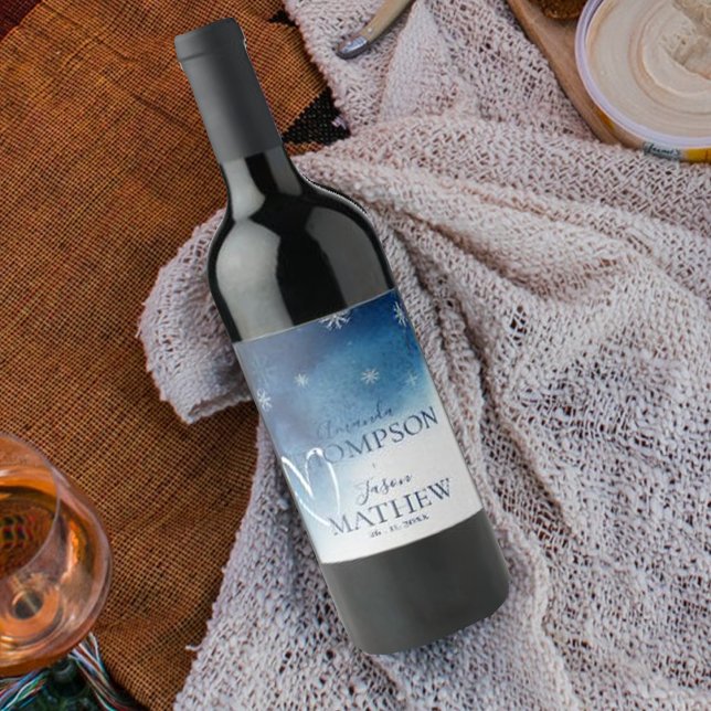 Whimsical Blue White Snowflake Wedding  Wine Label (Whimsical Blue White Snowflake Wedding Wine Label)