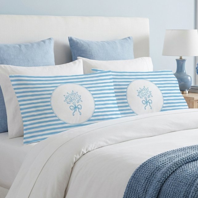 Whimsical Blue White Stripe Preppy Floral Pillowcase (Creator Uploaded)