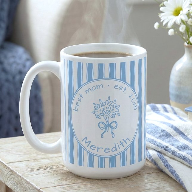 Whimsical Blue White Stripe Preppy Mom Established Coffee Mug (Creator Uploaded)