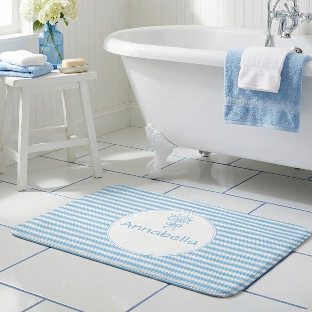 Whimsical Blue White Stripe Preppy Monogram Bath Mat (Creator Uploaded)