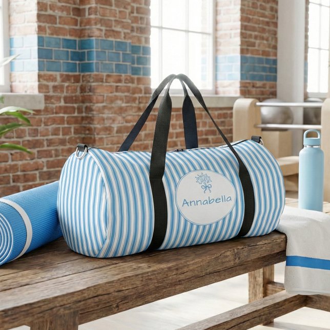 Whimsical Blue White Stripe Preppy Monogram Duffle Bag (Creator Uploaded)