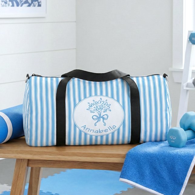 Whimsical Blue White Stripe Preppy Monogram Duffle Bag (Creator Uploaded)