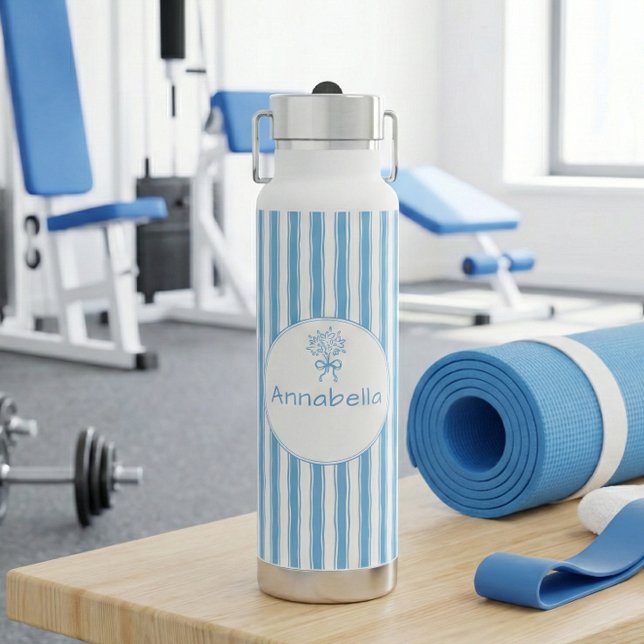 Whimsical Blue White Stripe Preppy Monogram Water Bottle (Creator Uploaded)