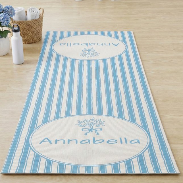 Whimsical Blue White Stripe Preppy Monogram Yoga Mat (Creator Uploaded)