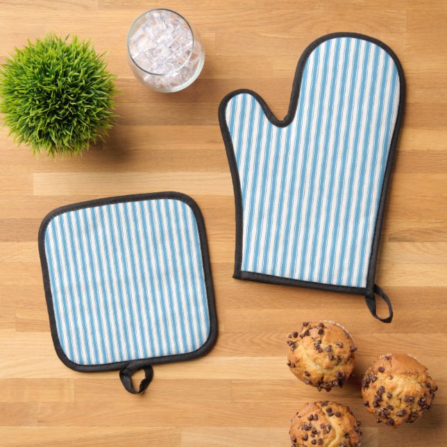 Whimsical Blue White Stripe Preppy Oven Mitt & Pot Holder Set (Top Down)