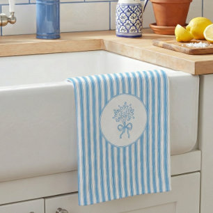 Whimsical Blue White Stripe Preppy Tea Towel