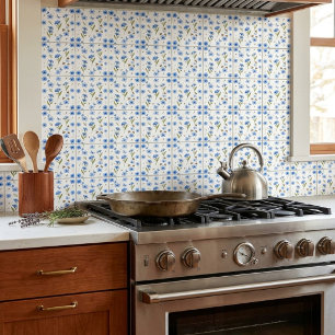 Whimsical Blue Wildflowers, Bees, and Butterflies Tile