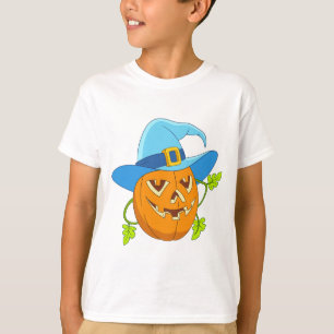Whimsical Blue Witch Hat Pumpkin Halloween Cartoon T-Shirt