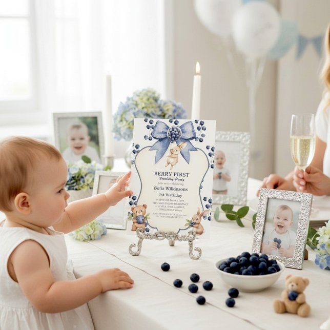 Whimsical Blueberry Bunny Bear First Birthday Invitation (Creator Uploaded)