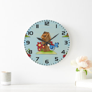 Whimsical Bluebird and Birdhouse Cute Spring Large Clock