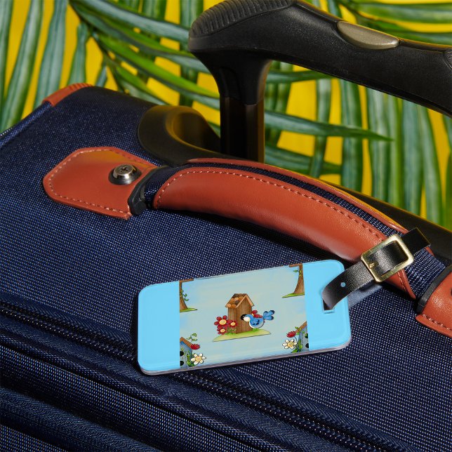 Whimsical Bluebird and Birdhouse Cute Spring Luggage Tag (Creator Uploaded)