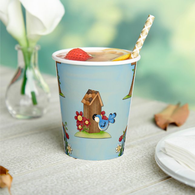Whimsical Bluebird and Birdhouse Cute Spring Paper Cups (Creator Uploaded)