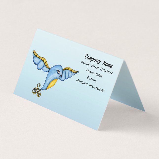 Whimsical Bluebird Yellow Accents in Flight blue Business Card (Front)