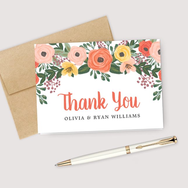 Whimsical Blush and Coral Floral Wedding Photo Thank You Card (Creator Uploaded)