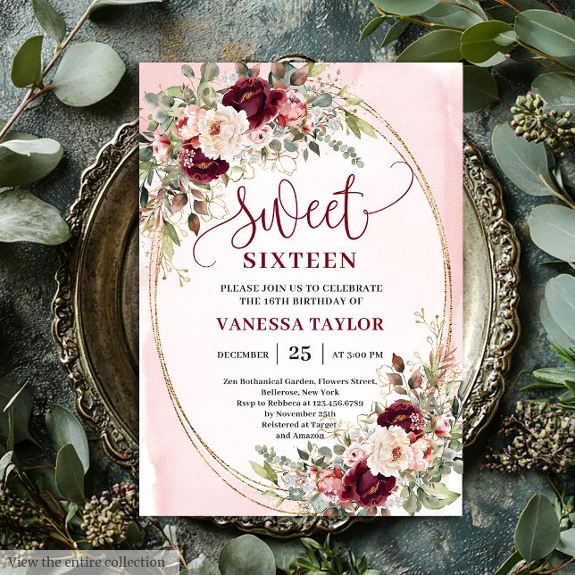 Whimsical Blush Burgundy Roses Sweet Sixteen Card (Whimsical Blush Burgundy Roses Sweet Sixteen Invite

)