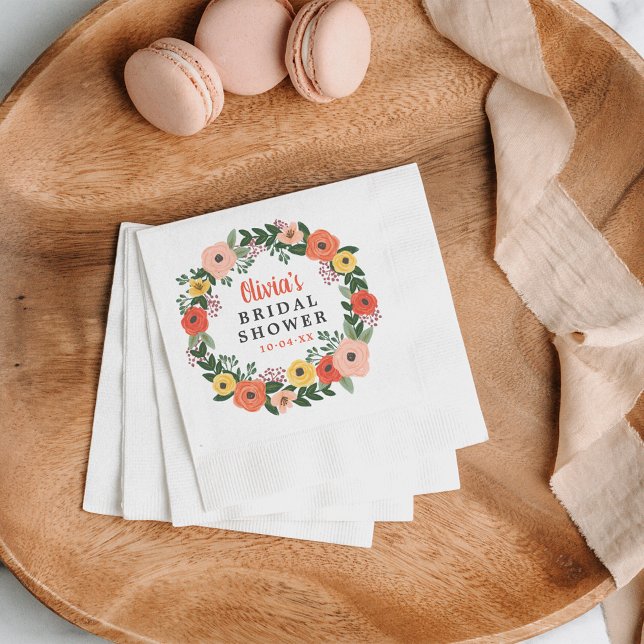 Whimsical Blush Coral Floral Wreath Bridal Shower Napkin (Creator Uploaded)