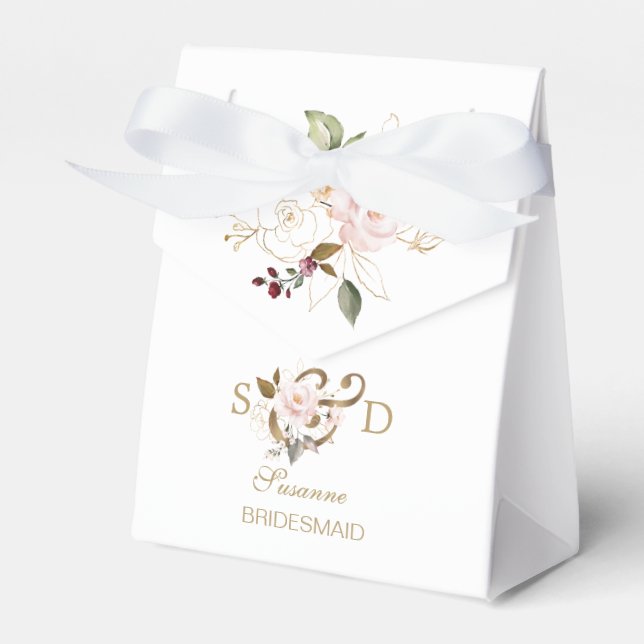 Whimsical Blush Gold Flowers Monogram Wedding Favour Box (Front Side)