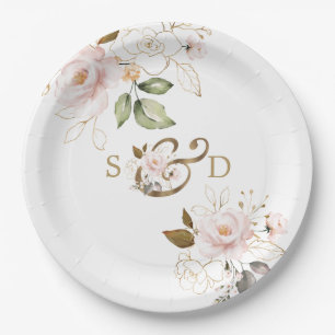 Whimsical Blush Gold Flowers Monogram Wedding Paper Plate